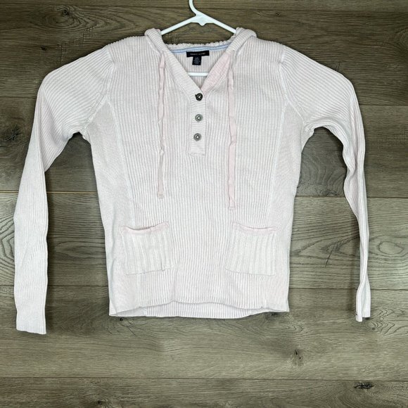 Tommy Hilfiger Hooded Sweater Womens L Knit Pink Pullover Front Pockets Buttons - Picture 2 of 10